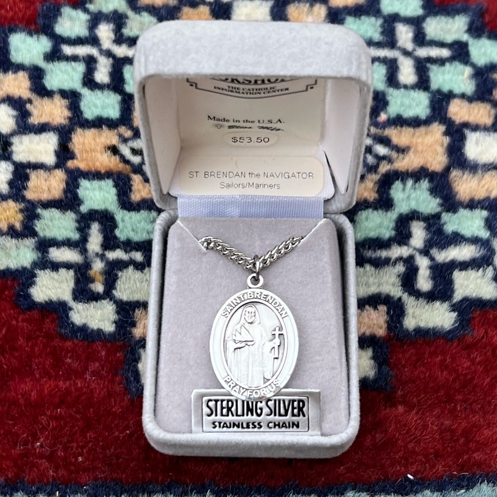 St. Brendan the Navigator Sterling Silver Oval Religious Medal Necklace 24”